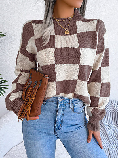 Long Sleeves Loose Contrast Color Plaid Round-Neck Sweater Tops