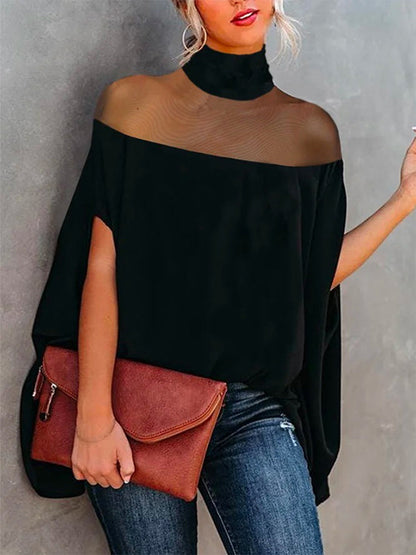 Batwing Sleeves Plus Size Cape See-Through Solid Color Split-Toe High-Neck Blouses&Shirts Tops