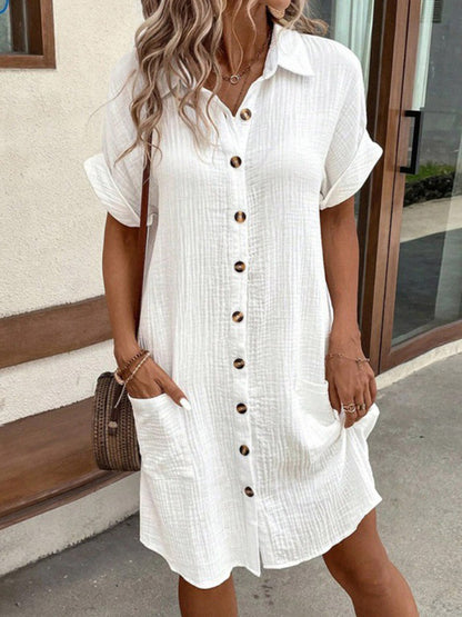 Half Sleeves Loose Buttoned Pockets Solid Color Lapel Mini Dresses