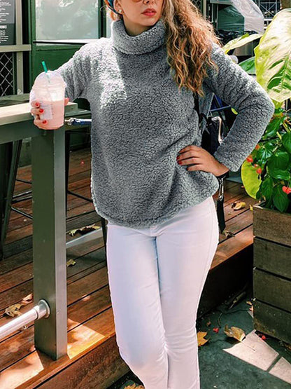 Long Sleeves Loose Solid Color Split-Joint High Neck Sweatshirt Tops