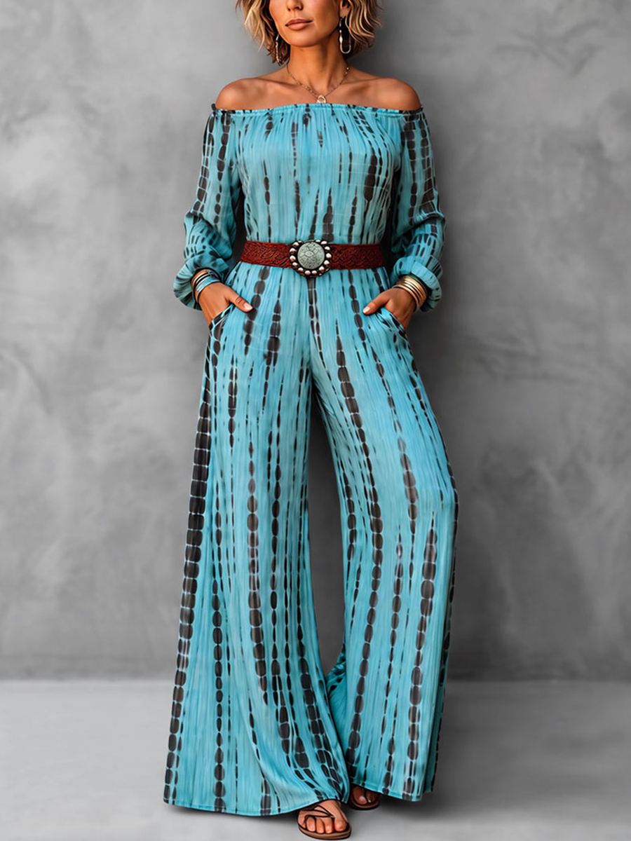 Printed Pockets Elasticity Contrast Color Belted Wide Leg Long Sleeves Off-the-shoulder Jumpsuits