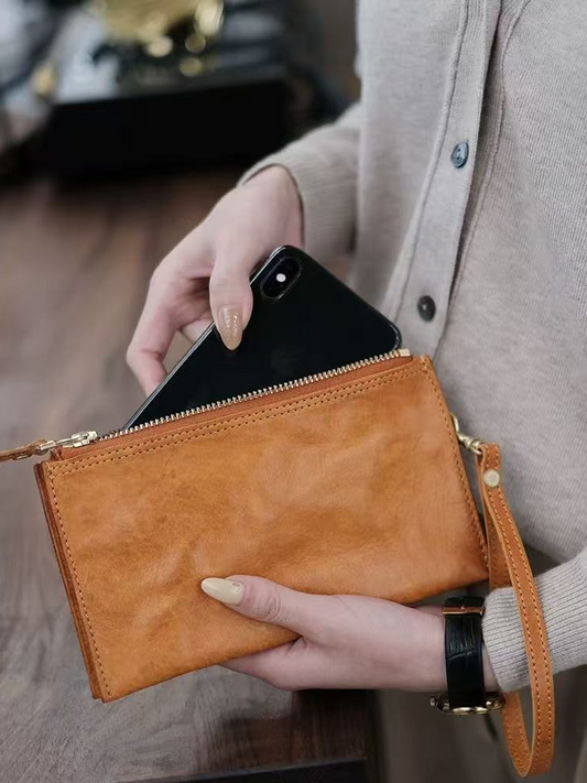 Vintage Leather Double-Zipper Long Clutch