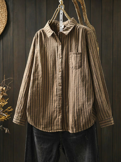 Plus Size Women Stripe Turn-down Collar 100%Cotton Long Sleeve Shirt