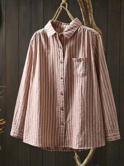 Plus Size Women Stripe Turn-down Collar 100%Cotton Long Sleeve Shirt
