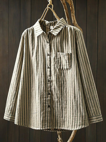 Plus Size Women Stripe Turn-down Collar 100%Cotton Long Sleeve Shirt