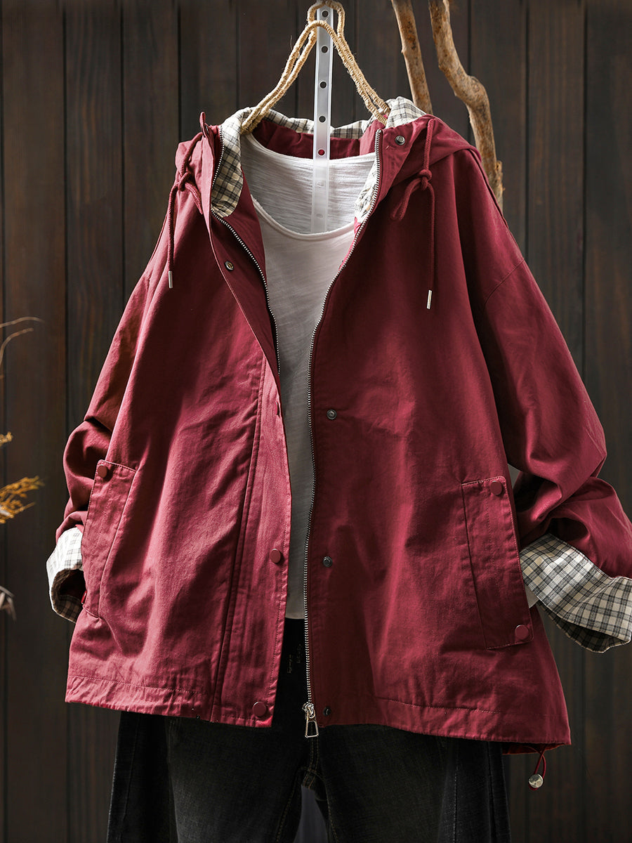 Plus Size Women Autumn Pure Color Hooded Cotton Cardigan Coat