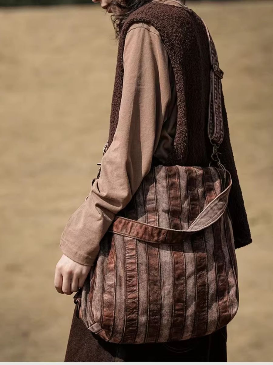 Vintage Leather Stripe Spliced Multifunctional Bag