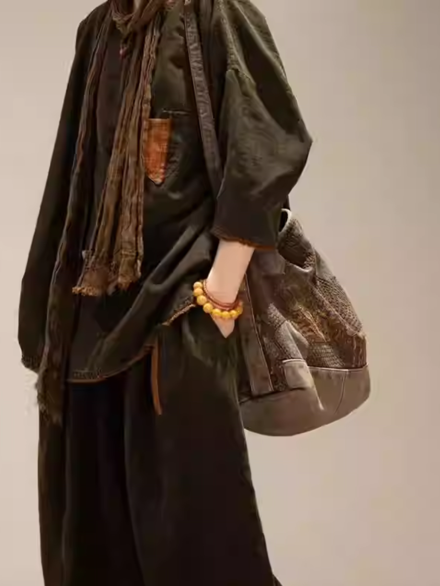 Vintage Embroidery Spliced Leather Crossbody Bag