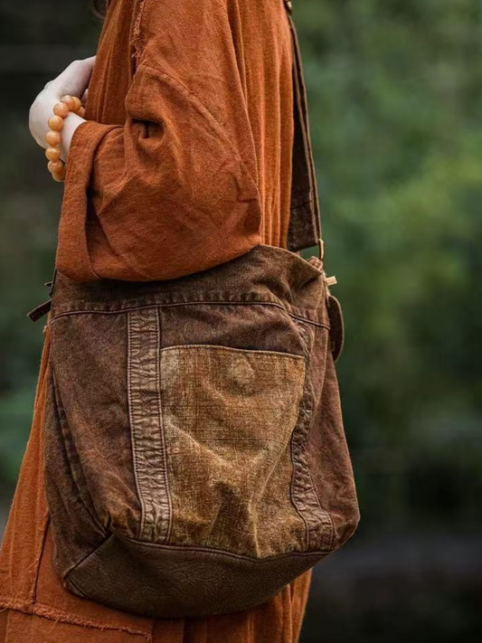 Vintage Brown Colorblock Spliced Leather Crossbody Bag