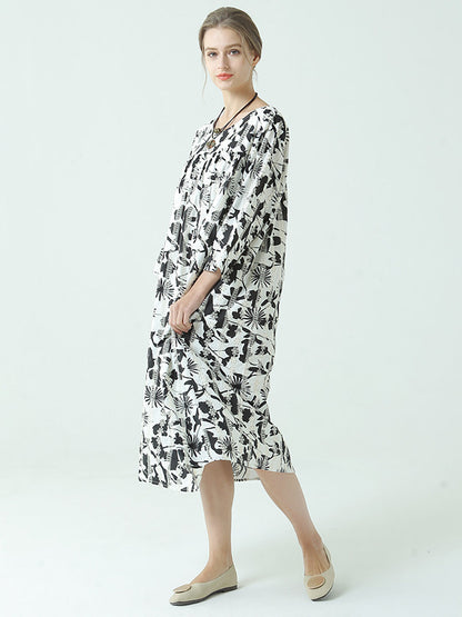 Plus Size Flower Prints O Neck Long Sleeve Pleated Plus Size Dress