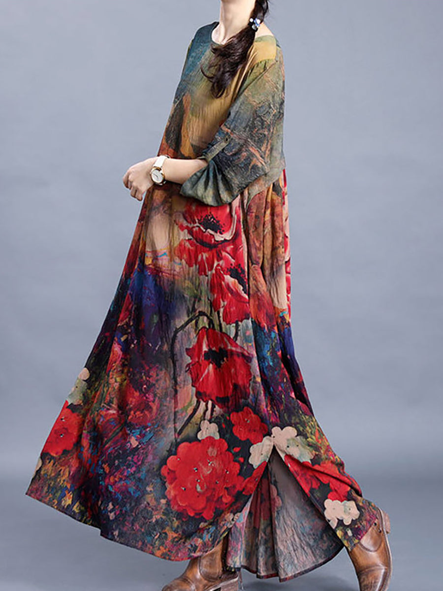 Plus Size Flower Printed Retro Split Hem Dress