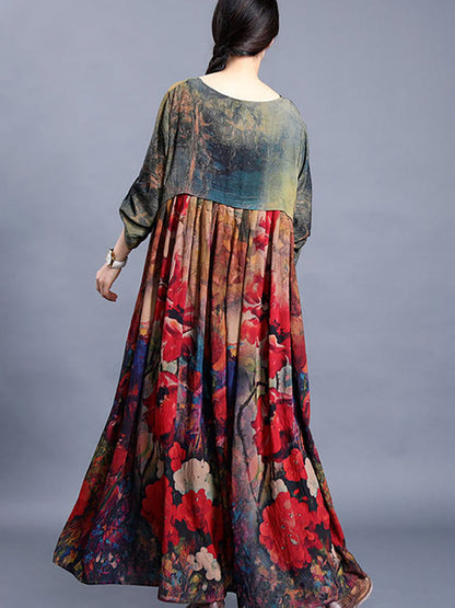 Plus Size Flower Printed Retro Split Hem Dress
