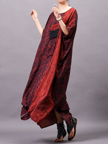 Plus Size Women Vintage Summer Print Maxi Dress