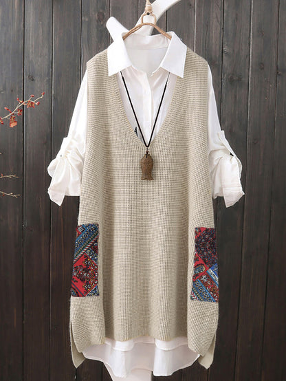 Plus Size Women Ethnic V-Neck Loose Knitted Vest