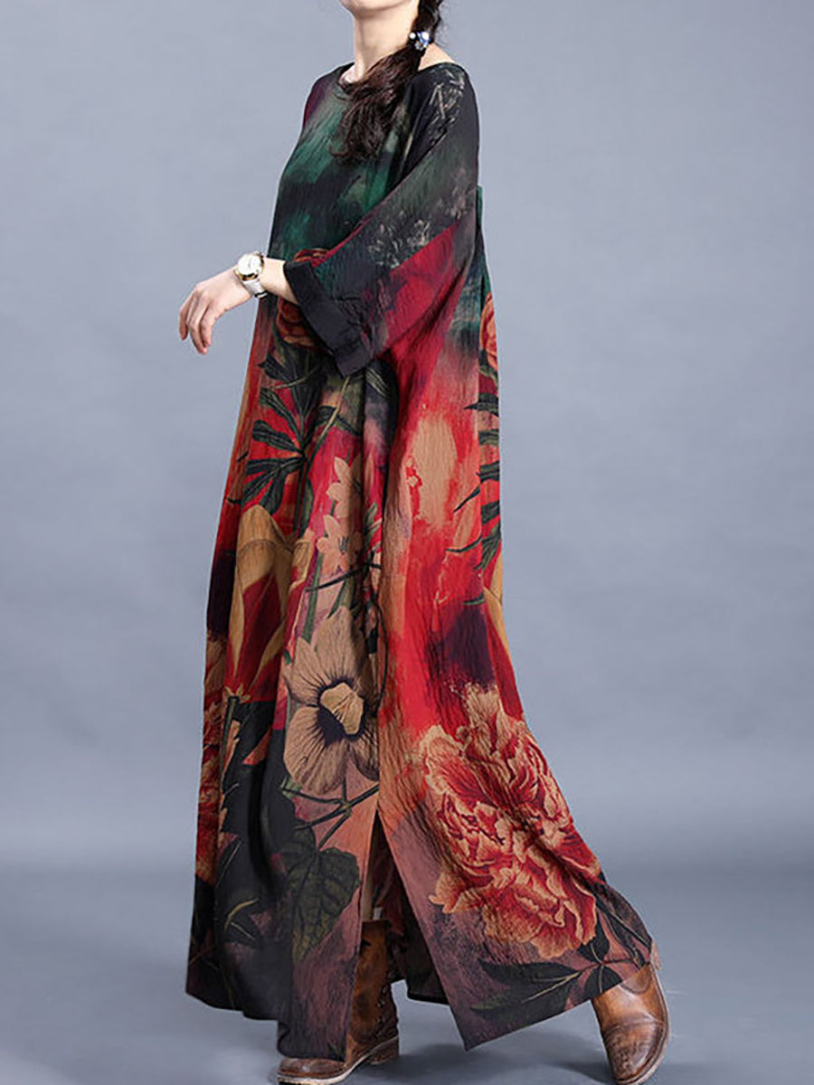 Plus Size Women Causal Retro Floral Maxi Dress