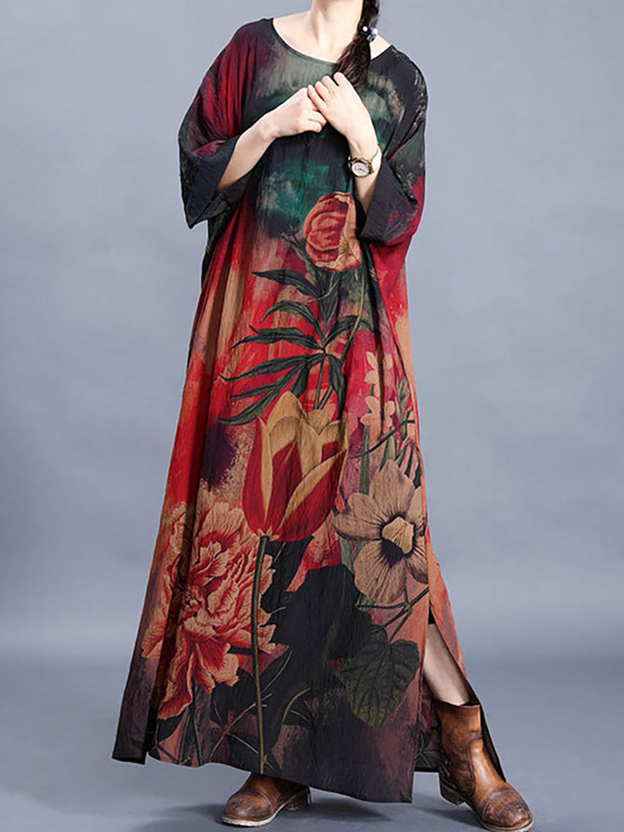 Plus Size Women Causal Retro Floral Maxi Dress