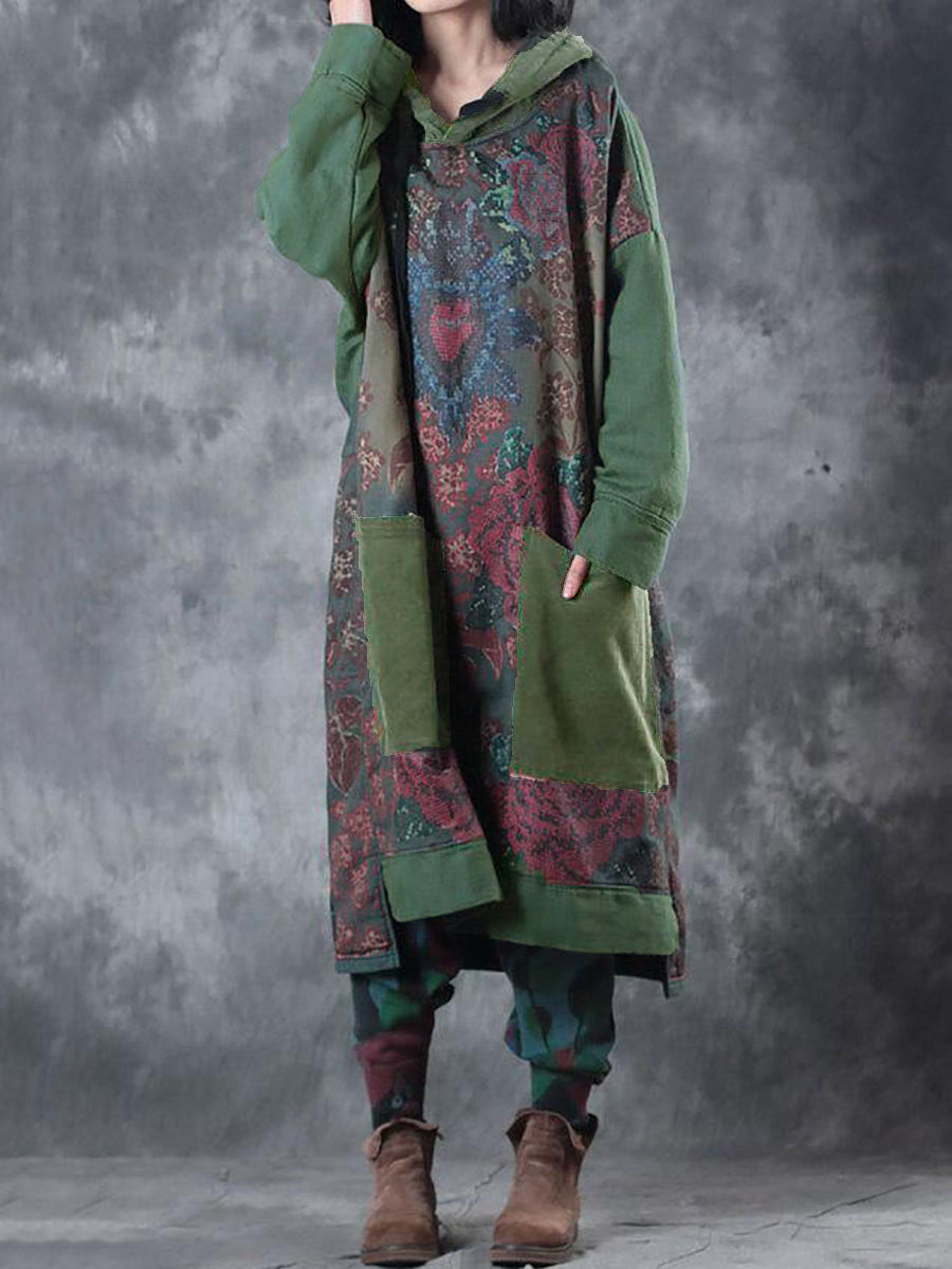 Women Spring Vintage Flower Spliced Hooded Dress
