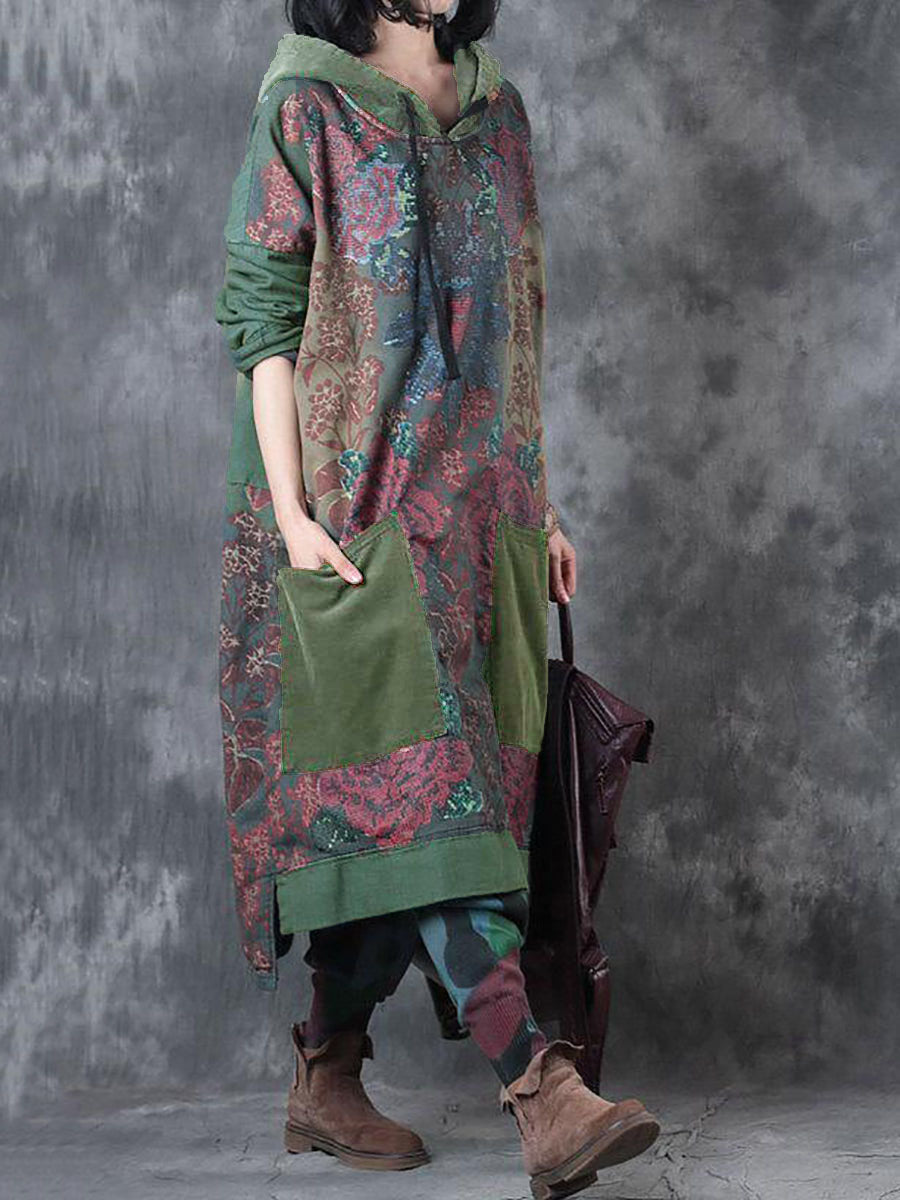 Women Spring Vintage Flower Spliced Hooded Dress