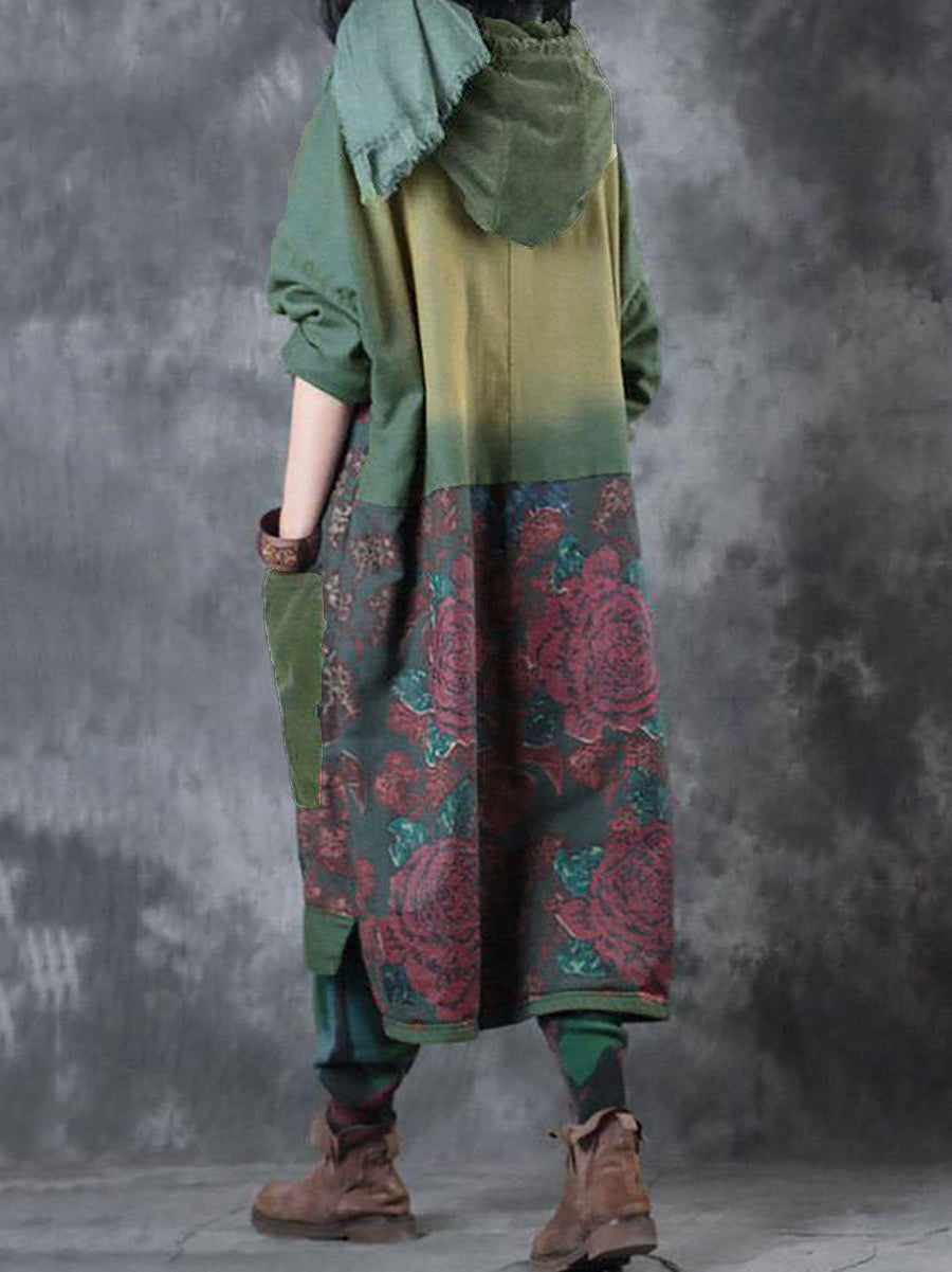 Women Spring Vintage Flower Spliced Hooded Dress