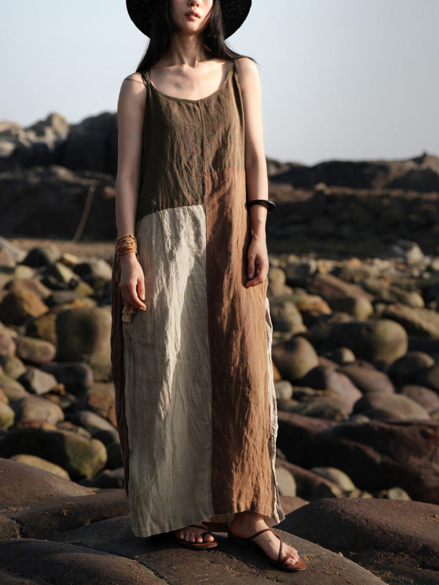 Plus Size Women Summer Vintage Patchwork 100%Linen Vest Dress