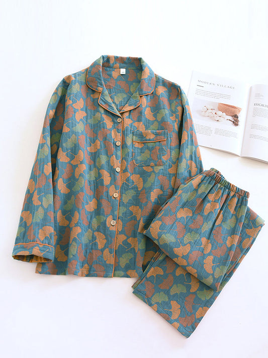 Women Summer Flower Jacquard Gauze Pajamas Set