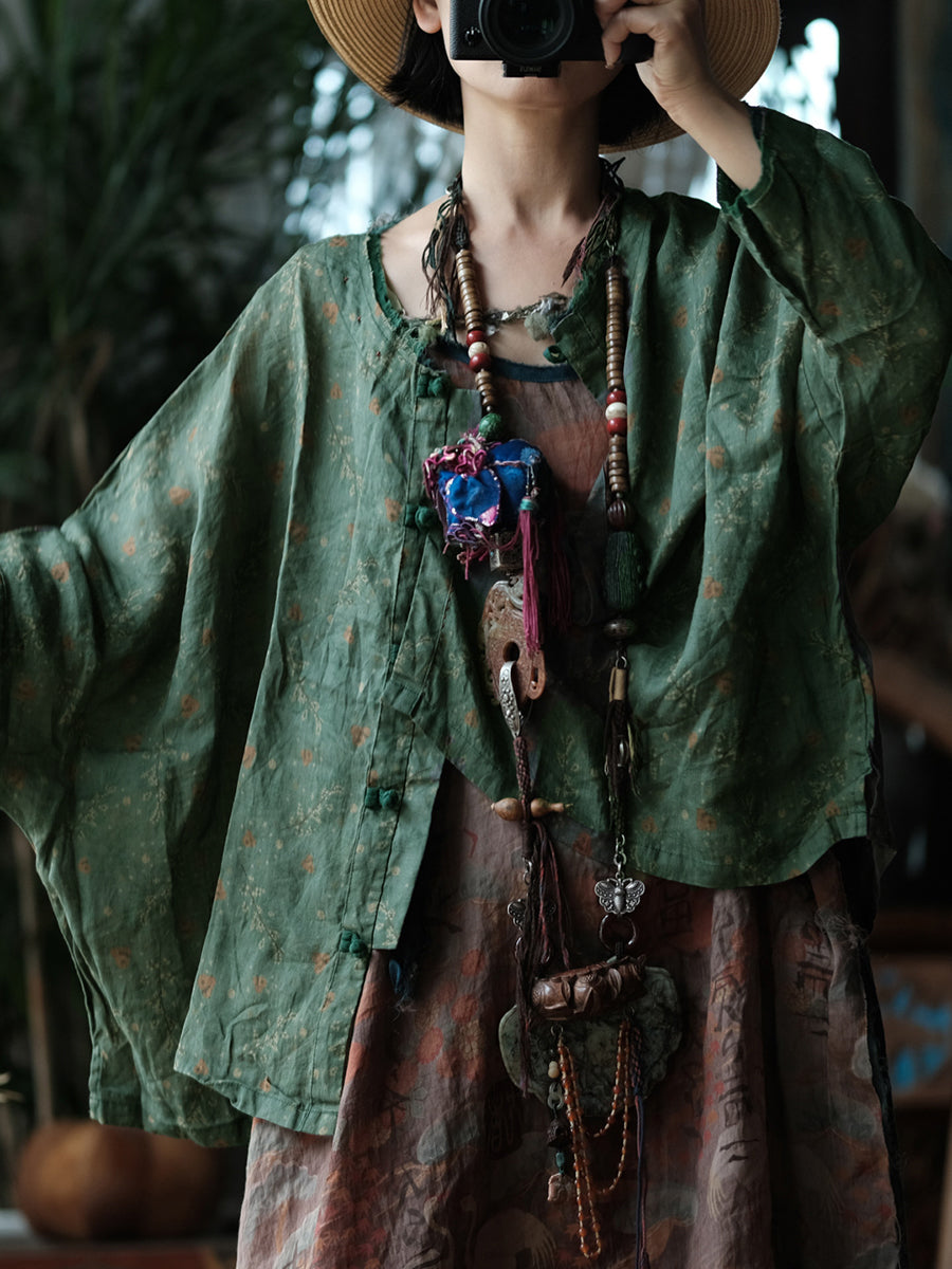 Women Spring Retro Floral O-Neck Linen Shirt