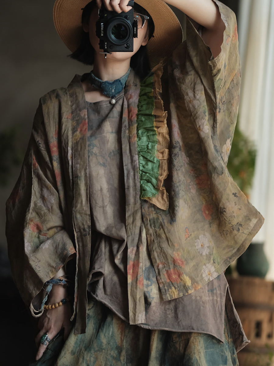 Women Summer Retro Flower Colorblock V-Neck Linen Shirt