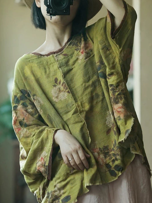 Plus Size Women Summer Flower Cotton O-Neck Blouse