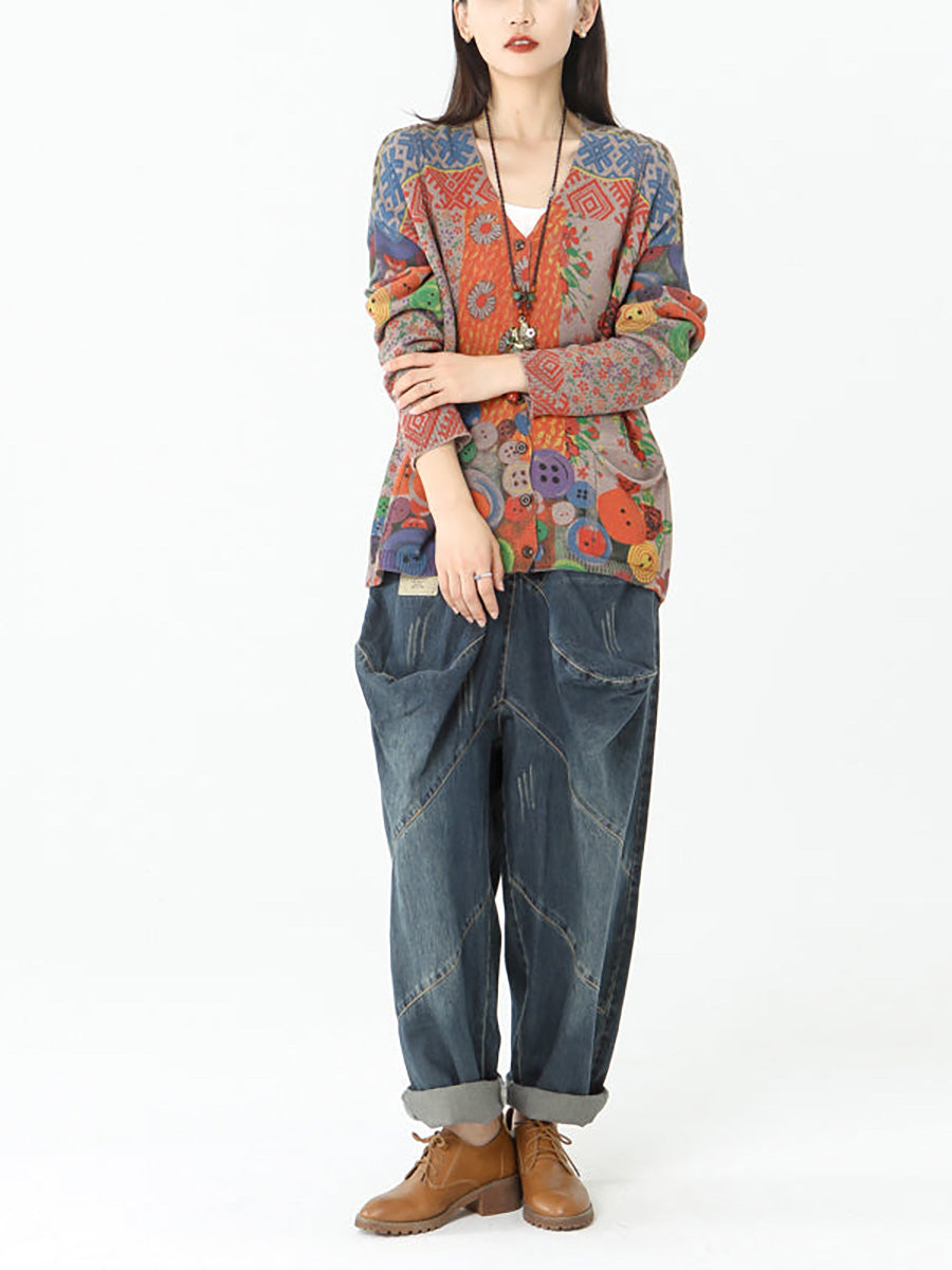 Plus-Size Vintage Pocket Long Sleeve Cardigans Women Sweater