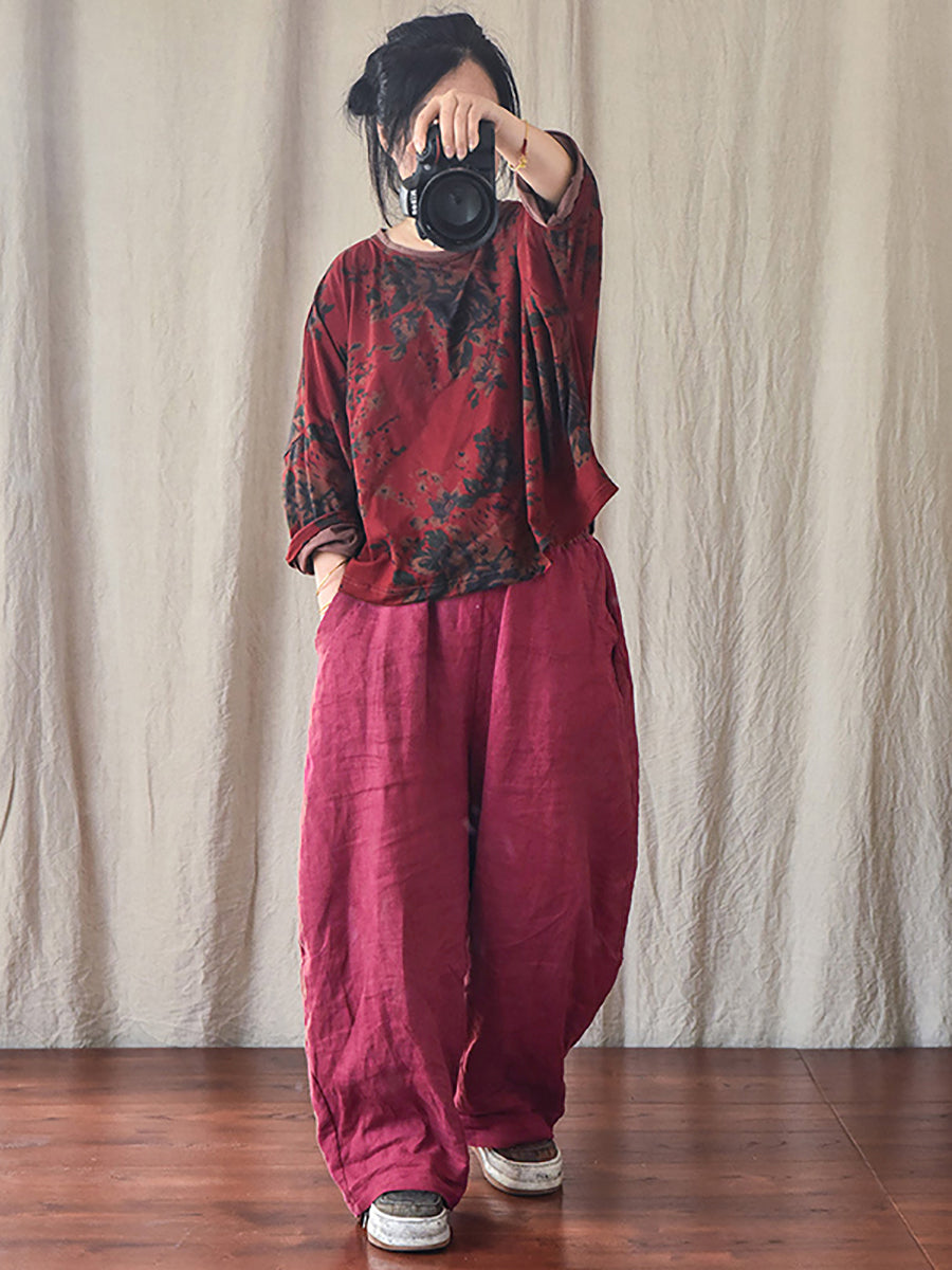 Plus Size Women Linen Pocket Elastic Waist Pure Color Pants