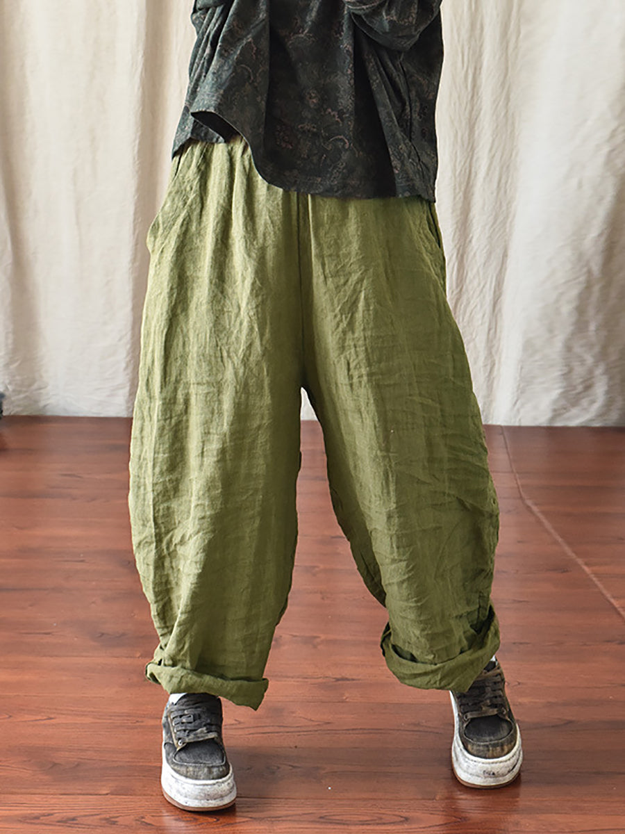 Plus Size Women Linen Pocket Elastic Waist Pure Color Pants