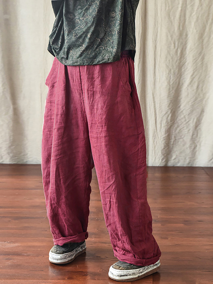 Plus Size Women Linen Pocket Elastic Waist Pure Color Pants