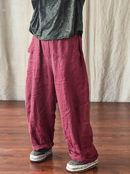 Plus Size Women Linen Pocket Elastic Waist Pure Color Pants