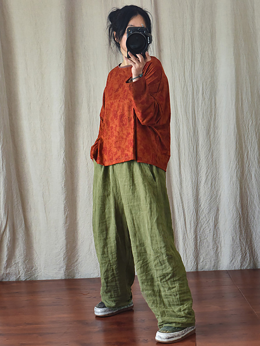 Plus Size Women Linen Pocket Elastic Waist Pure Color Pants