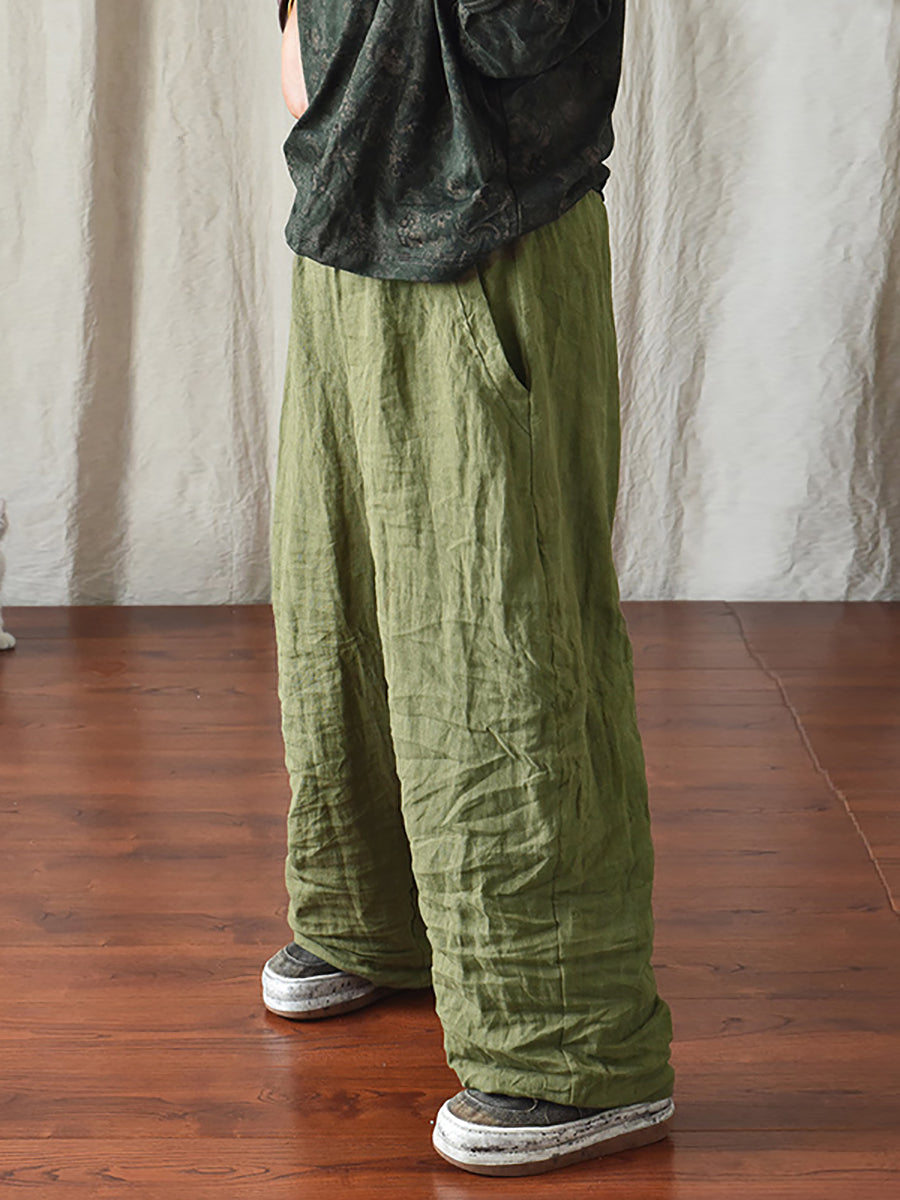 Plus Size Women Linen Pocket Elastic Waist Pure Color Pants