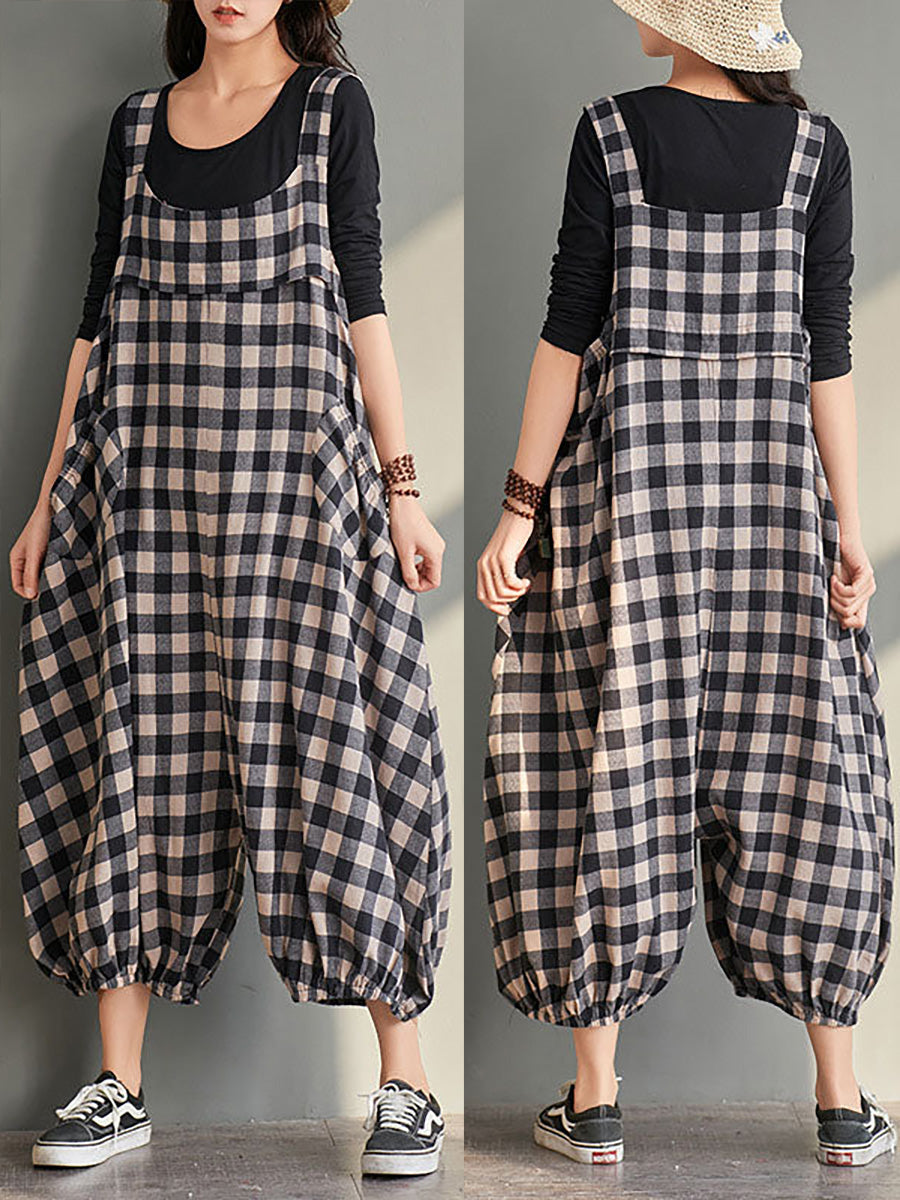 Plus Size Women Loose Casual Checkered Bib Overalls
