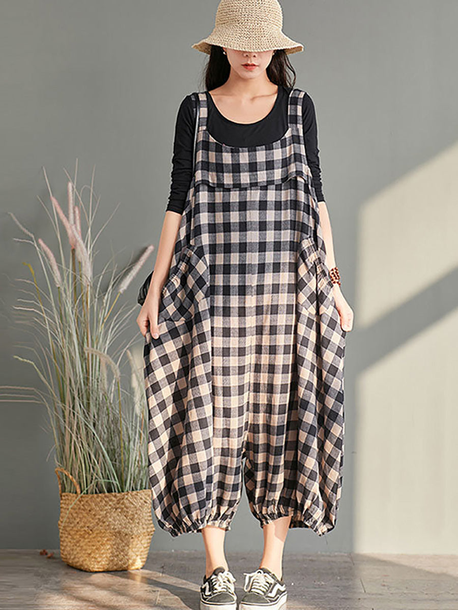 Plus Size Women Loose Casual Checkered Bib Overalls