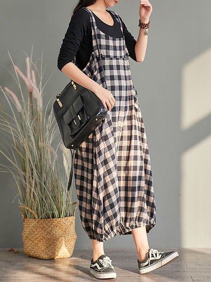 Plus Size Women Loose Casual Checkered Bib Overalls