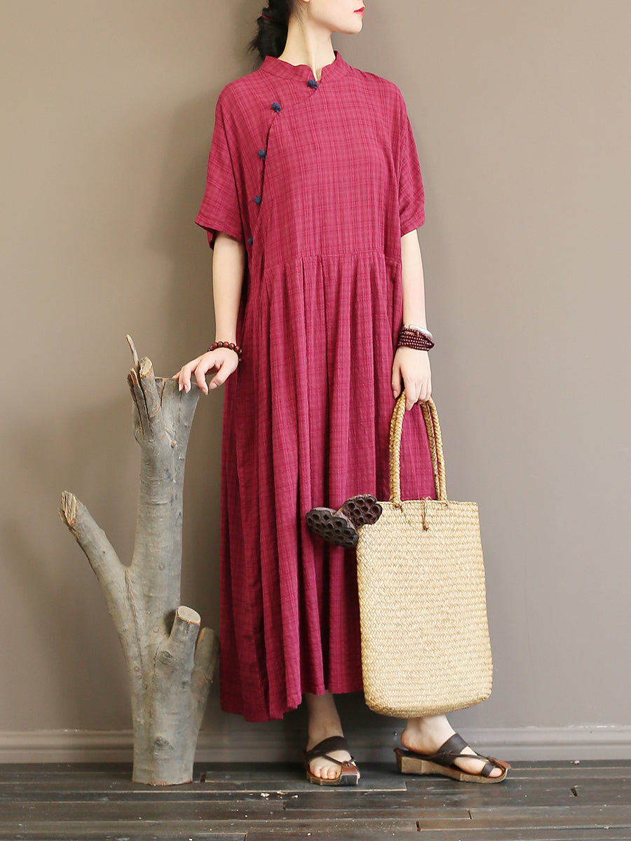 Plus Size Pleated Plaid Vintage Women Chinese Style Dress