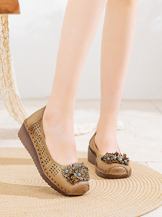 Women Summer Flower Soft Leather Platform Shoes