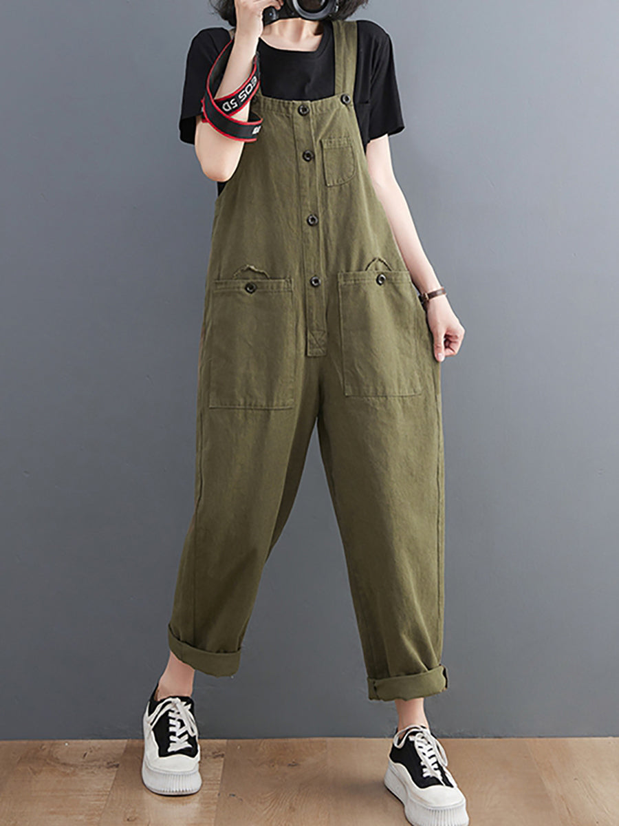 Women Summer Retro Pure Color Cotton Jumpsuits
