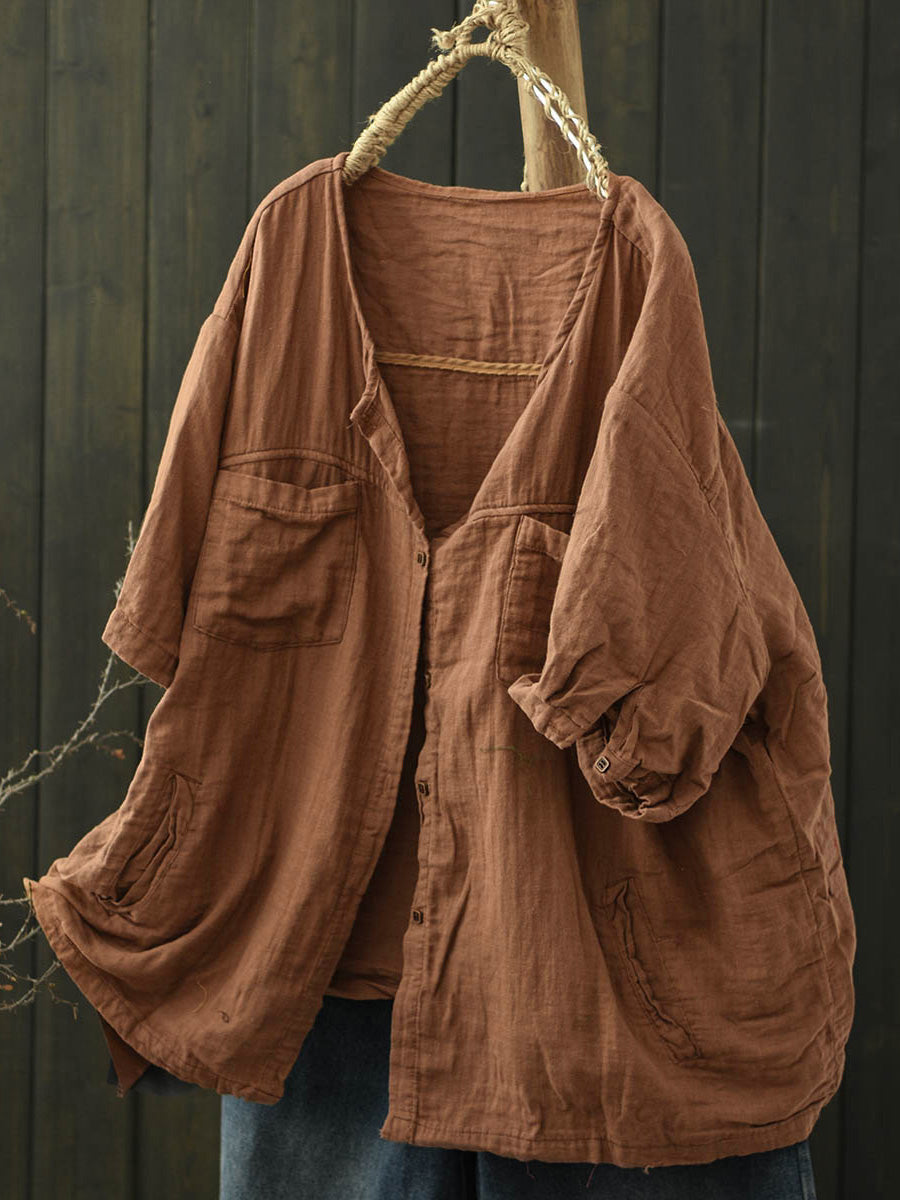 Plus Size Women Summer Worn Pure Color V-Neck Cotton Shirt