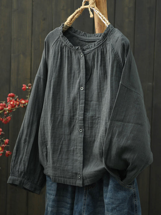 Women Spring Artsy Pure Color Stand Collar Cotton Shirt