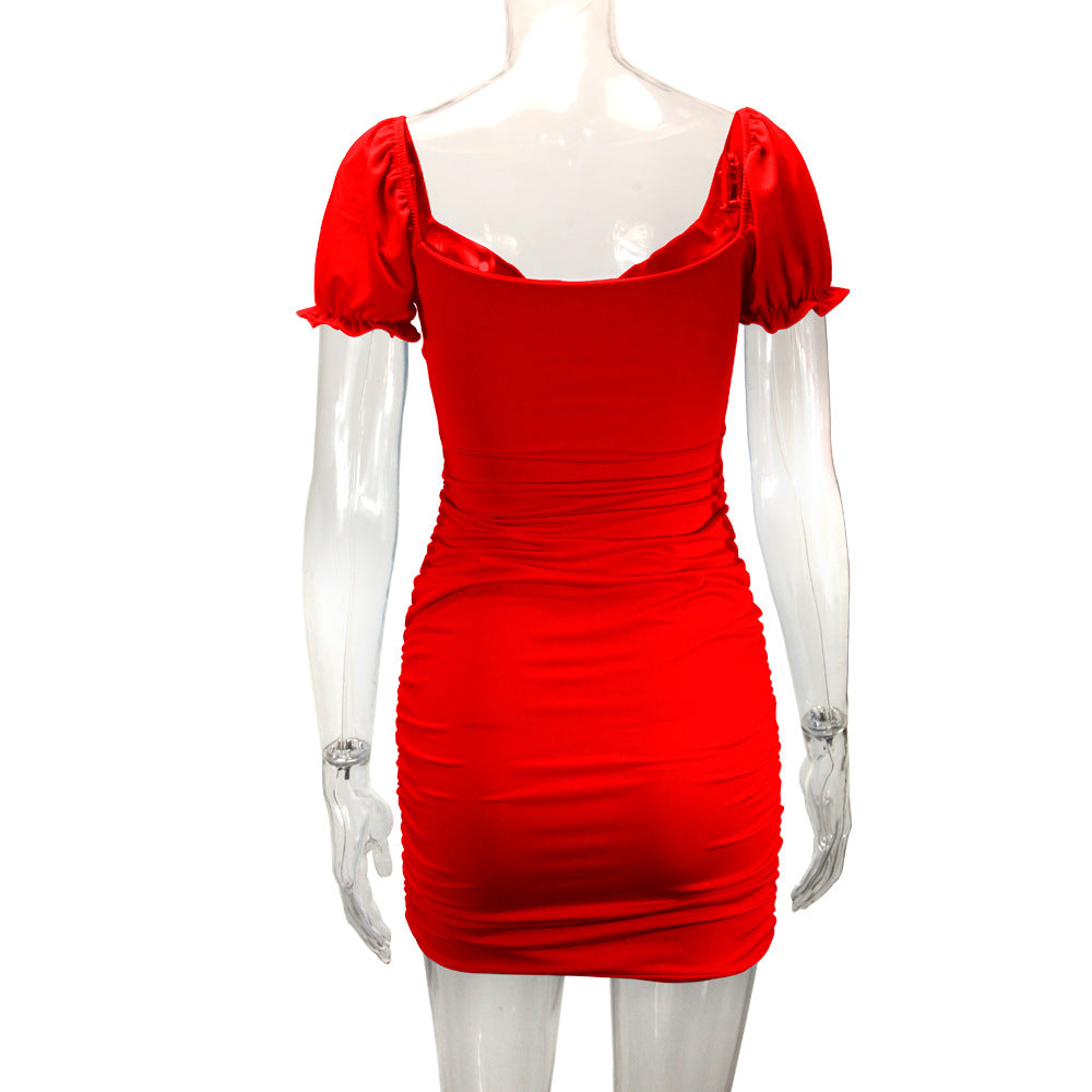 Women's Sheath Dress Vacation Simple Style U Neck Pleated Short Sleeve Solid Color Above Knee Holiday