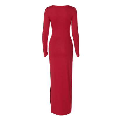 Women's Sheath Dress Elegant Round Neck Thigh Slit Long Sleeve Solid Color Maxi Long Dress Banquet Daily