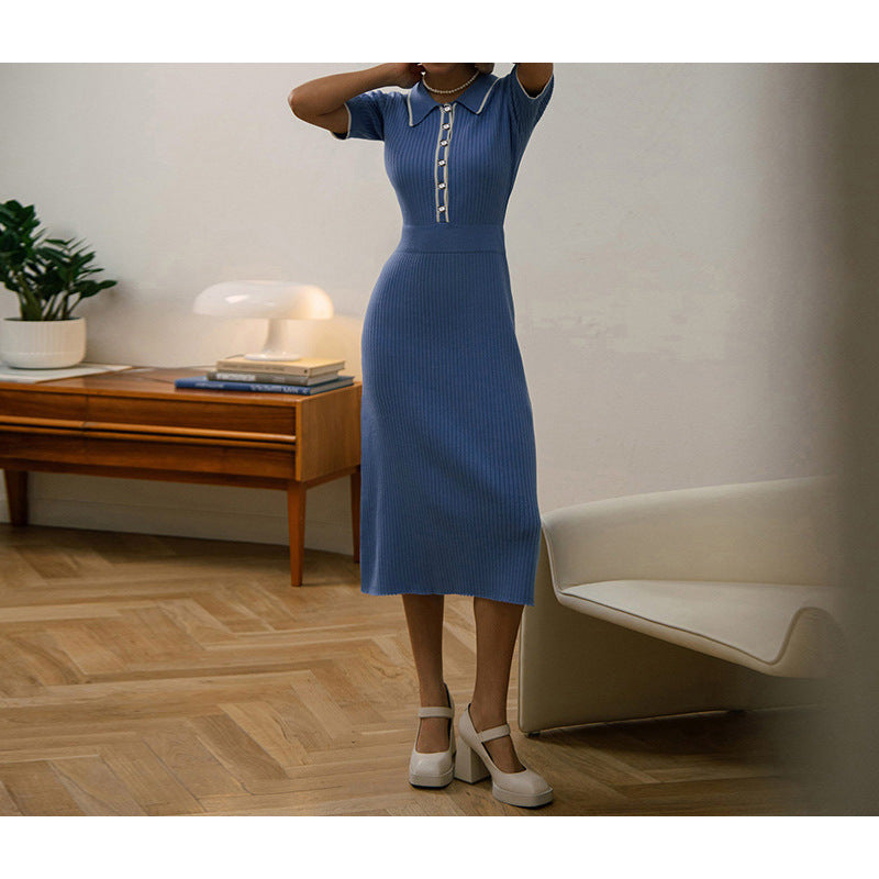 Women's Sheath Dress Elegant Turndown Short Sleeve Stripe Midi Dress Daily