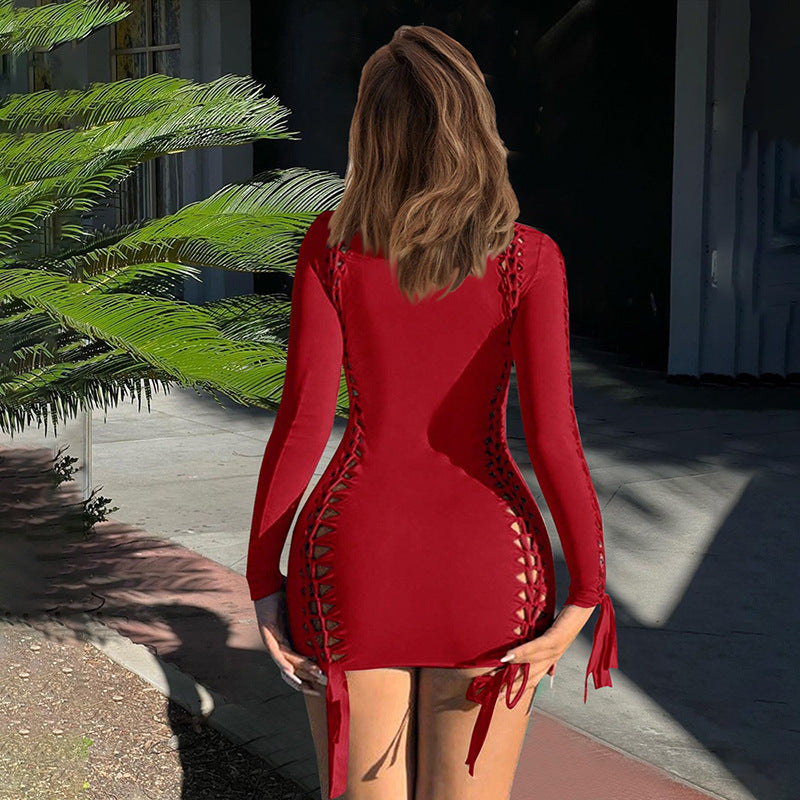 Women's Hip skirt Streetwear Round Neck Long Sleeve Solid Color Above Knee Holiday