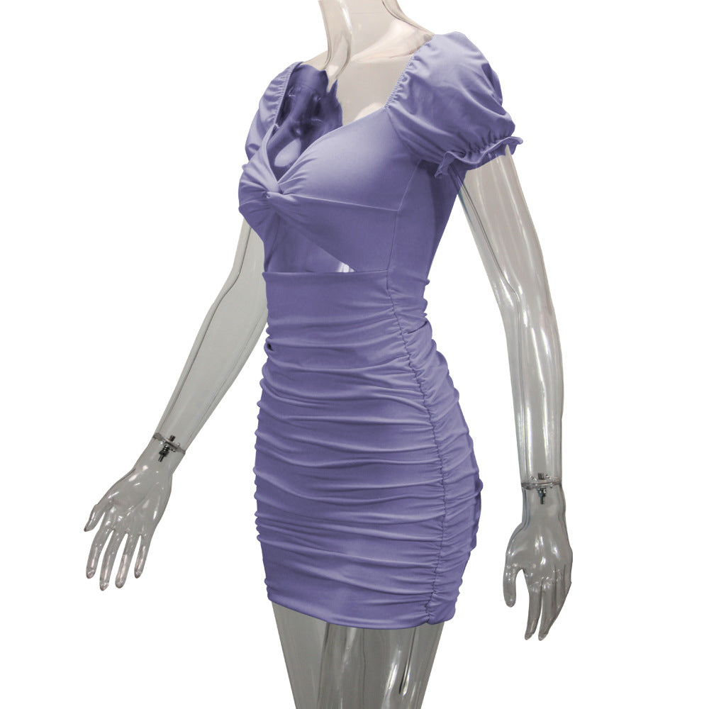 Women's Sheath Dress Vacation Simple Style U Neck Pleated Short Sleeve Solid Color Above Knee Holiday