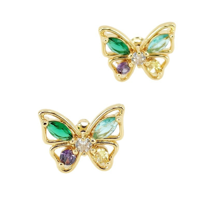 Colorful Zircon Butterfly Stud Earrings with S925 Posts