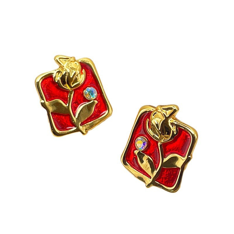 Vintage Enamel Flower Stud Earrings with S925 Posts
